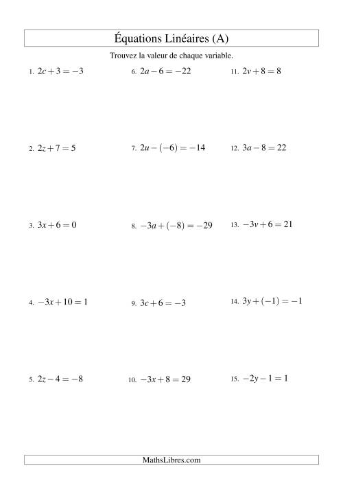 Résolution d'Équations Linéaires (Incluant Valuers Négatives) -- Forme ax ± b = c (A)