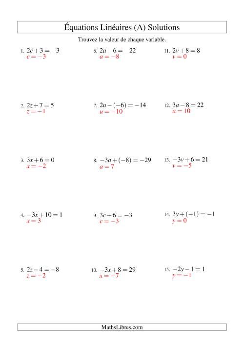 Résolution d'Équations Linéaires (Incluant Valuers Négatives) -- Forme ax ± b = c (A) page 2