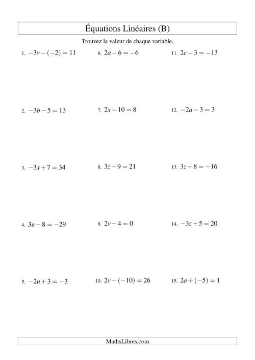 Résolution d'Équations Linéaires (Incluant Valuers Négatives) -- Forme ax ± b = c (B)