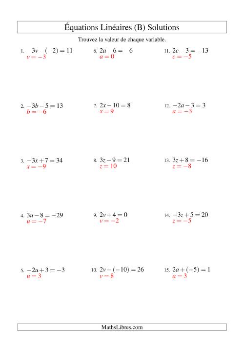 Résolution d'Équations Linéaires (Incluant Valuers Négatives) -- Forme ax ± b = c (B) page 2
