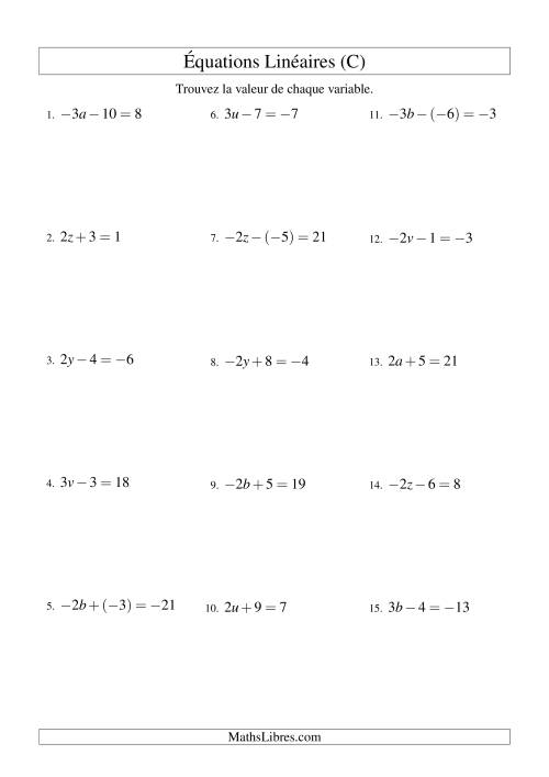Résolution d'Équations Linéaires (Incluant Valuers Négatives) -- Forme ax ± b = c (C)