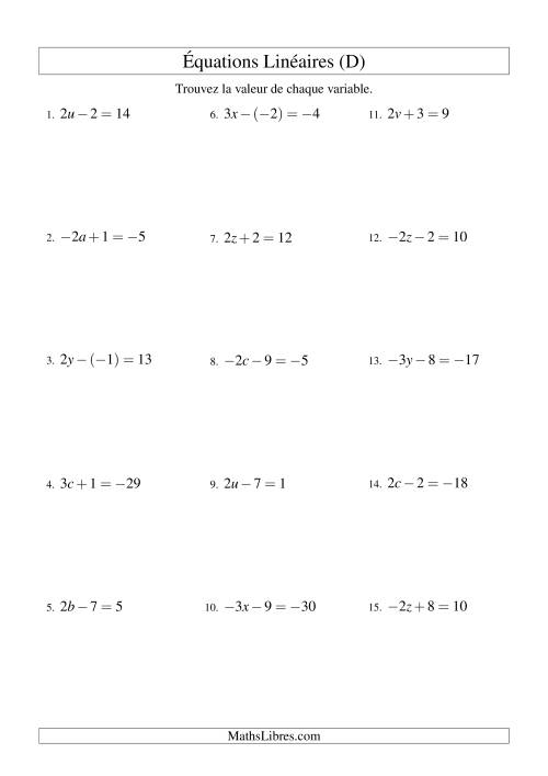 Résolution d'Équations Linéaires (Incluant Valuers Négatives) -- Forme ax ± b = c (D)