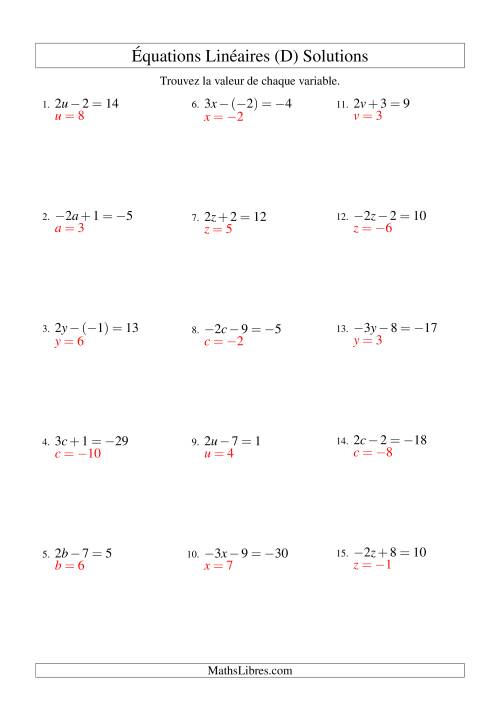 Résolution d'Équations Linéaires (Incluant Valuers Négatives) -- Forme ax ± b = c (D) page 2