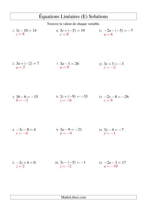 Résolution d'Équations Linéaires (Incluant Valuers Négatives) -- Forme ax ± b = c (E) page 2