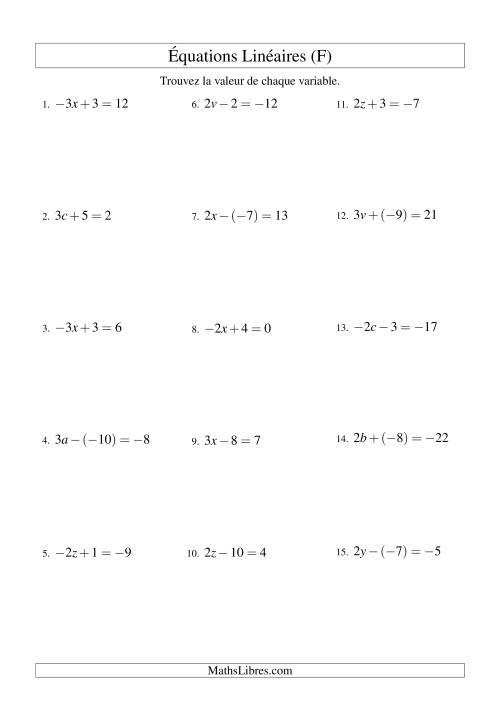 Résolution d'Équations Linéaires (Incluant Valuers Négatives) -- Forme ax ± b = c (F)