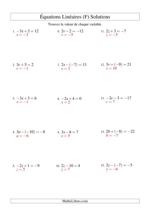 Résolution d'Équations Linéaires (Incluant Valuers Négatives) -- Forme ax ± b = c (F) page 2