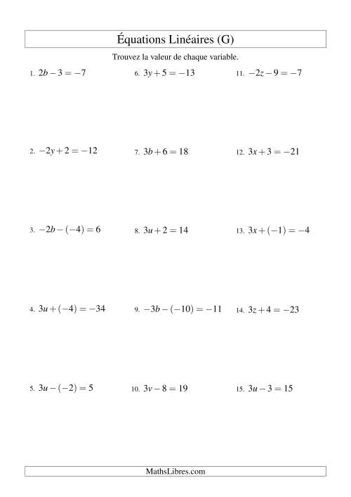 Résolution d'Équations Linéaires (Incluant Valuers Négatives) -- Forme ax ± b = c (G)