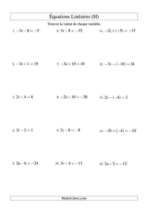 Résolution d'Équations Linéaires (Incluant Valuers Négatives) -- Forme ax ± b = c (H)