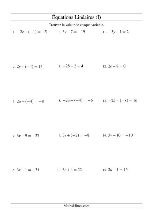 Résolution d'Équations Linéaires (Incluant Valuers Négatives) -- Forme ax ± b = c (I)