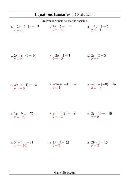 Résolution d'Équations Linéaires (Incluant Valuers Négatives) -- Forme ax ± b = c (I) page 2