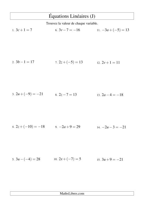 Résolution d'Équations Linéaires (Incluant Valuers Négatives) -- Forme ax ± b = c (J)