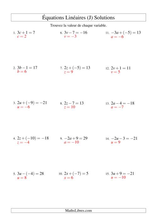 Résolution d'Équations Linéaires (Incluant Valuers Négatives) -- Forme ax ± b = c (J) page 2