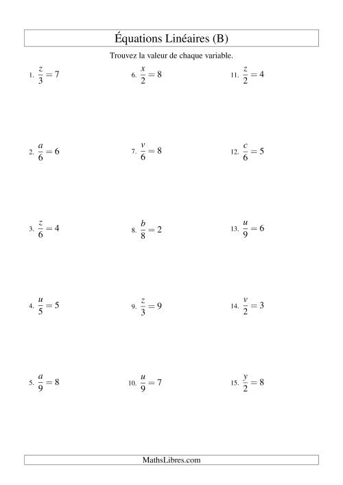 Résolution d'Équations Linéaires -- Forme x/a = c (B)