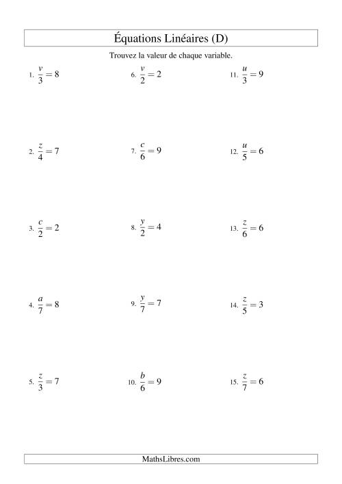 Résolution d'Équations Linéaires -- Forme x/a = c (D)