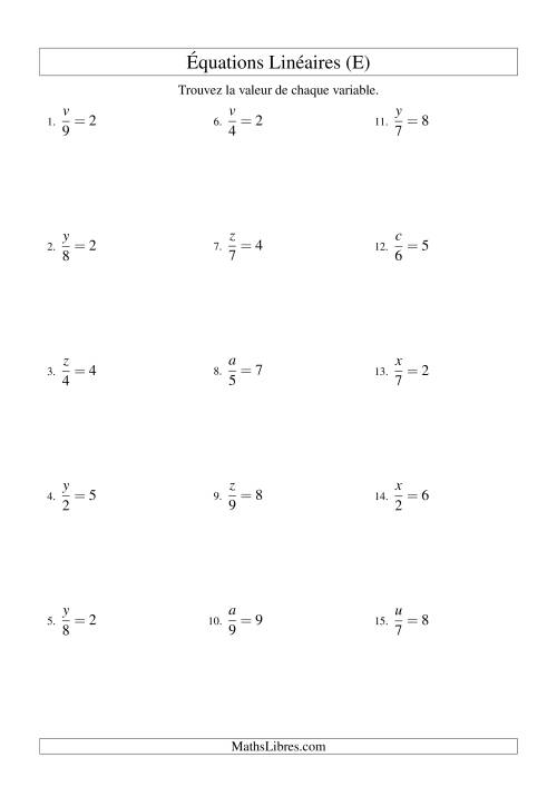 Résolution d'Équations Linéaires -- Forme x/a = c (E)