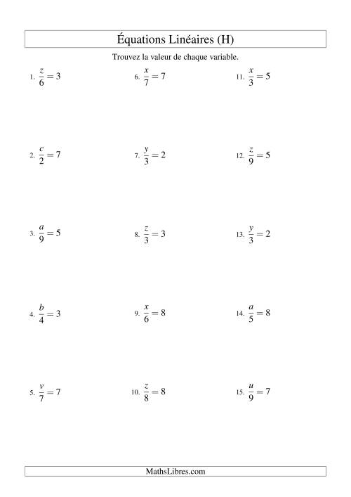 Résolution d'Équations Linéaires -- Forme x/a = c (H)
