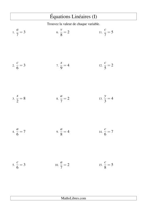 Résolution d'Équations Linéaires -- Forme x/a = c (I)