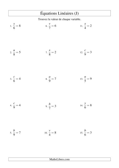 Résolution d'Équations Linéaires -- Forme x/a = c (J)