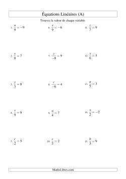 Résolution d'Équations Linéaires (Incluant Valeurs Négatives) -- Forme x/a = c