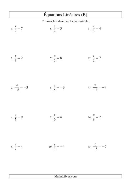 Résolution d'Équations Linéaires (Incluant Valeurs Négatives) -- Forme x/a = c (B)