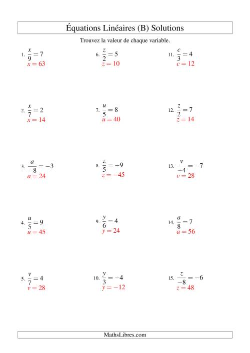 Résolution d'Équations Linéaires (Incluant Valeurs Négatives) -- Forme x/a = c (B) page 2