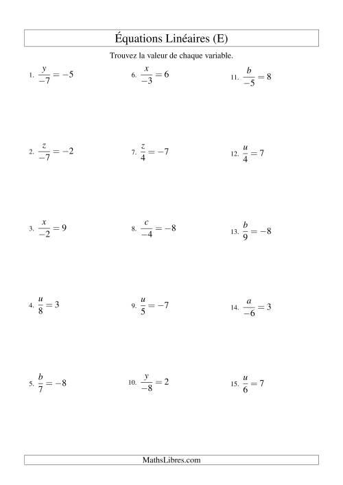 Résolution d'Équations Linéaires (Incluant Valeurs Négatives) -- Forme x/a = c (E)