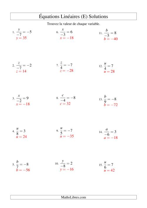 Résolution d'Équations Linéaires (Incluant Valeurs Négatives) -- Forme x/a = c (E) page 2