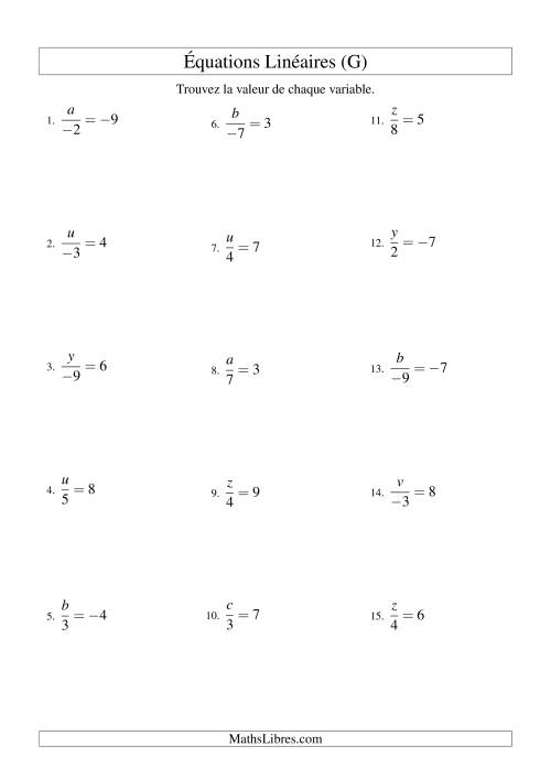 Résolution d'Équations Linéaires (Incluant Valeurs Négatives) -- Forme x/a = c (G)