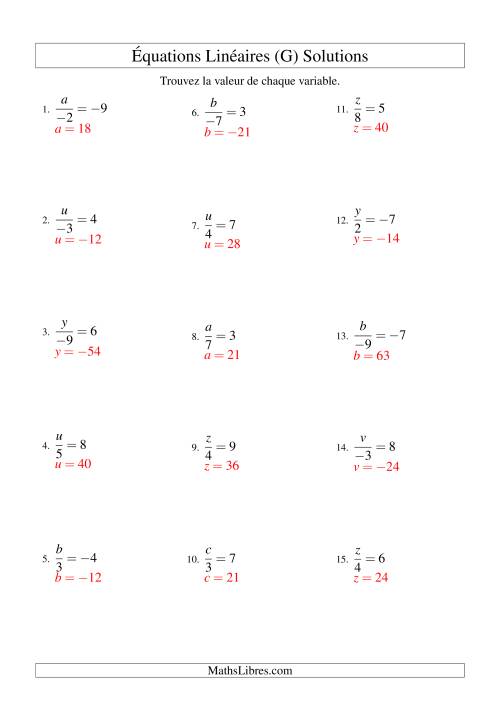 Résolution d'Équations Linéaires (Incluant Valeurs Négatives) -- Forme x/a = c (G) page 2