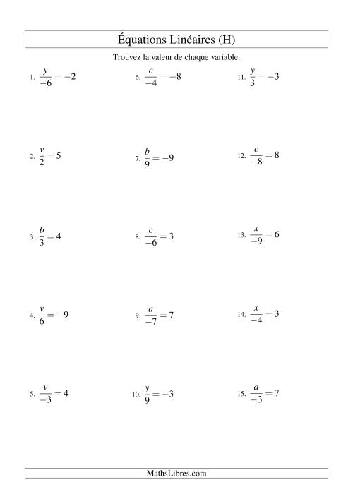 Résolution d'Équations Linéaires (Incluant Valeurs Négatives) -- Forme x/a = c (H)