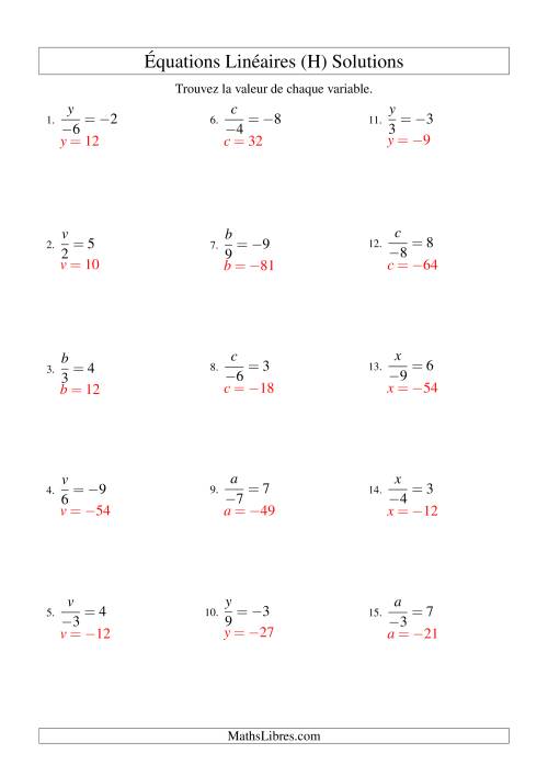 Résolution d'Équations Linéaires (Incluant Valeurs Négatives) -- Forme x/a = c (H) page 2