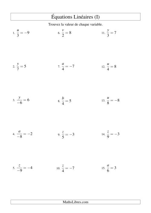 Résolution d'Équations Linéaires (Incluant Valeurs Négatives) -- Forme x/a = c (I)