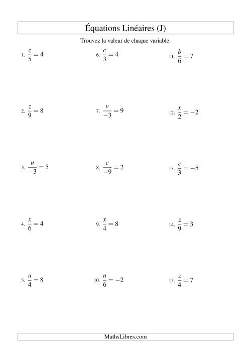 Résolution d'Équations Linéaires (Incluant Valeurs Négatives) -- Forme x/a = c (J)