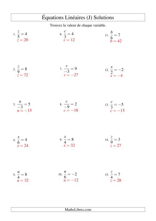 Résolution d'Équations Linéaires (Incluant Valeurs Négatives) -- Forme x/a = c (J) page 2