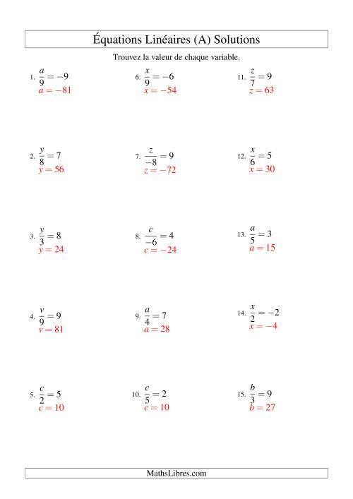 Résolution d'Équations Linéaires (Incluant Valeurs Négatives) -- Forme x/a = c (Tout) page 2