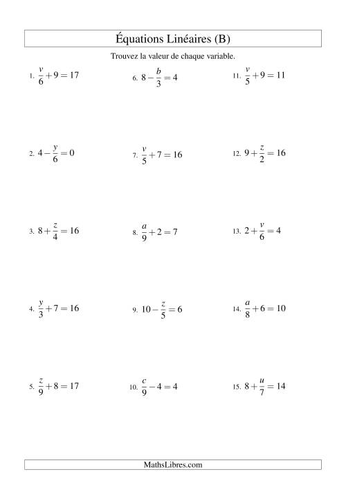 Résolution d'Équations Linéaires -- Forme x/a ± b = c (B)