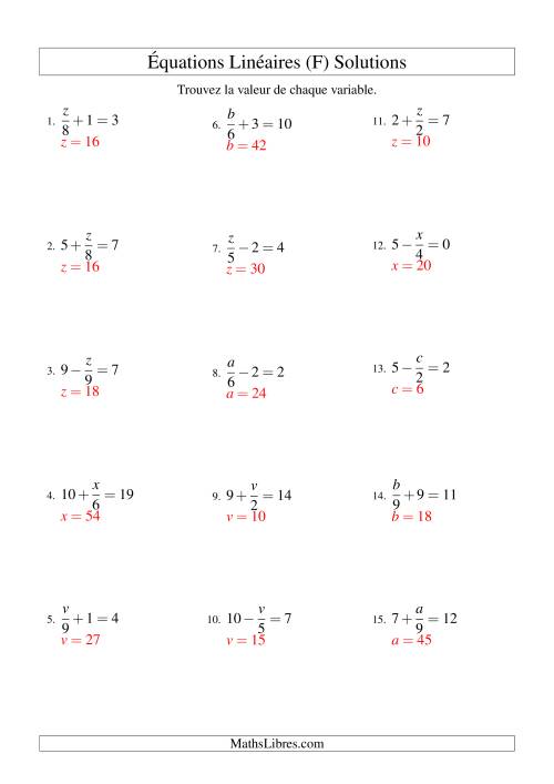 Résolution d'Équations Linéaires -- Forme x/a ± b = c (F) page 2
