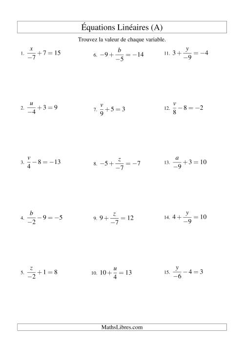 Résolution d'Équations Linéaires (Incluant Valeurs Négatives) -- Forme x/a ± b = c (A)