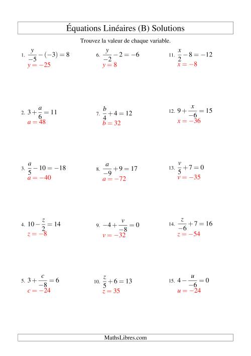 Résolution d'Équations Linéaires (Incluant Valeurs Négatives) -- Forme x/a ± b = c (B) page 2