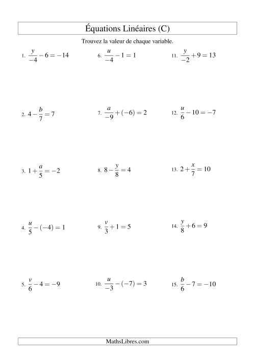 Résolution d'Équations Linéaires (Incluant Valeurs Négatives) -- Forme x/a ± b = c (C)