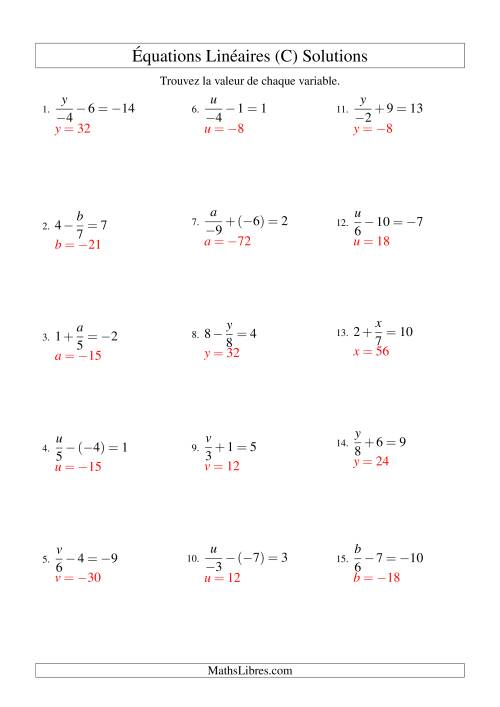 Résolution d'Équations Linéaires (Incluant Valeurs Négatives) -- Forme x/a ± b = c (C) page 2