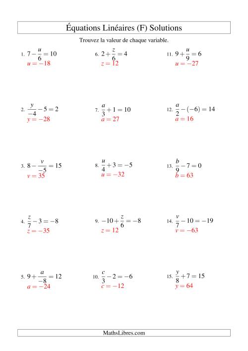 Résolution d'Équations Linéaires (Incluant Valeurs Négatives) -- Forme x/a ± b = c (F) page 2