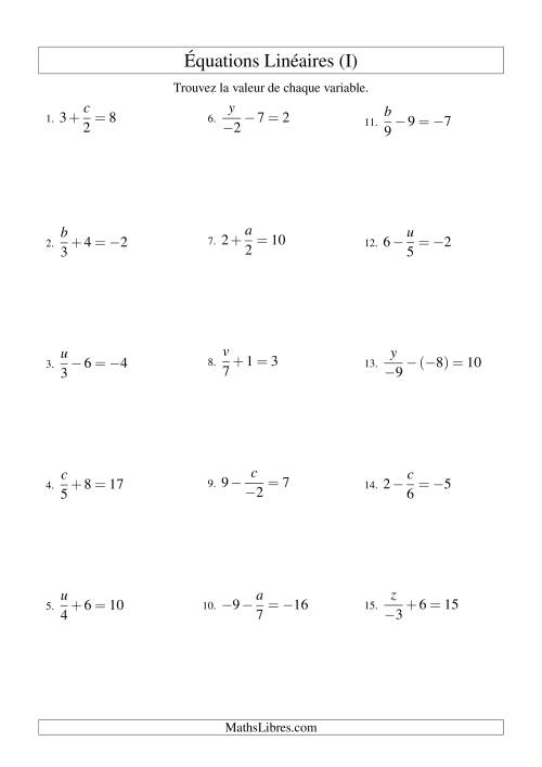 Résolution d'Équations Linéaires (Incluant Valeurs Négatives) -- Forme x/a ± b = c (I)