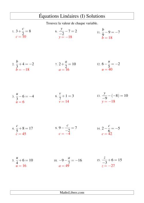 Résolution d'Équations Linéaires (Incluant Valeurs Négatives) -- Forme x/a ± b = c (I) page 2