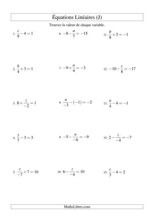 Résolution d'Équations Linéaires (Incluant Valeurs Négatives) -- Forme x/a ± b = c (J)