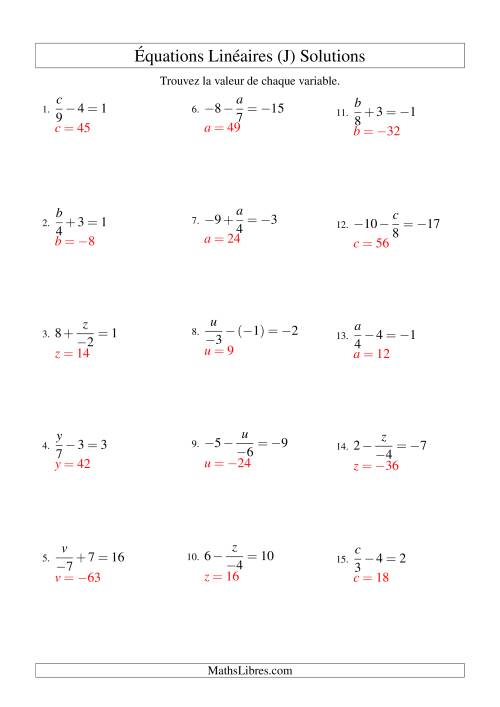 Résolution d'Équations Linéaires (Incluant Valeurs Négatives) -- Forme x/a ± b = c (J) page 2