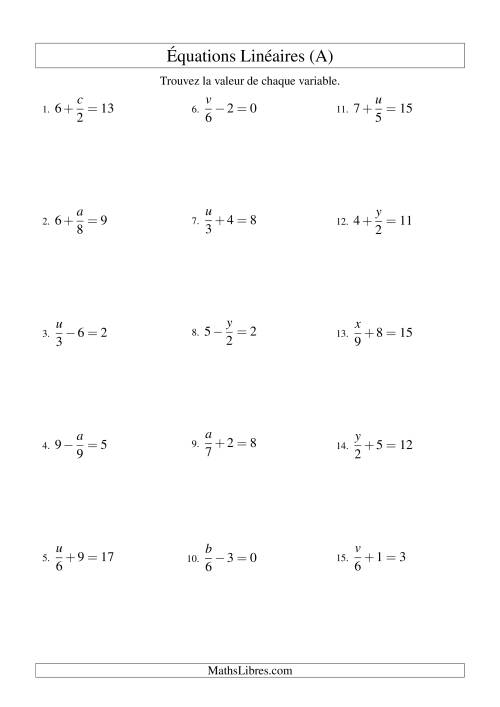 Résolution d'Équations Linéaires -- Forme x/a ± b = c (Tout)