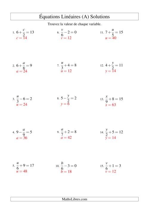 Résolution d'Équations Linéaires -- Forme x/a ± b = c (Tout) page 2