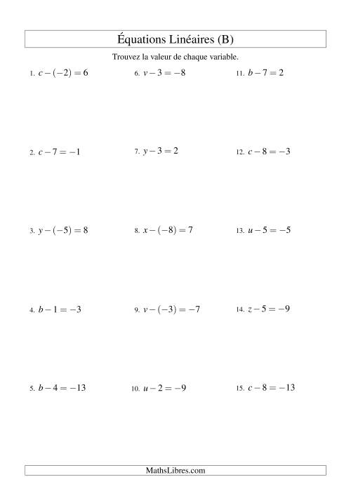 Résolution d'Équations Linéaires (Incluant Valeurs Négatives) -- Forme x - b = c (B)