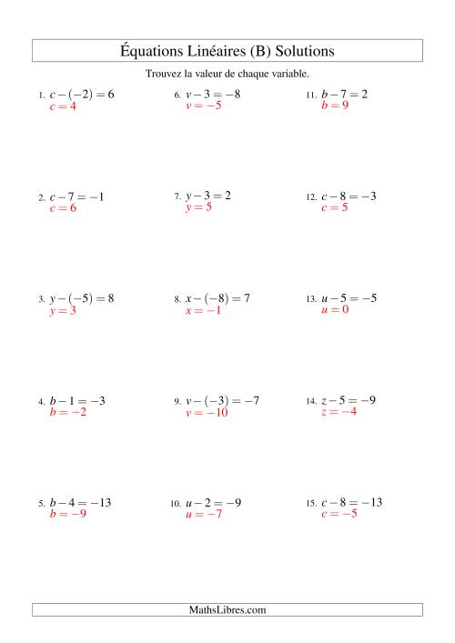 Résolution d'Équations Linéaires (Incluant Valeurs Négatives) -- Forme x - b = c (B) page 2